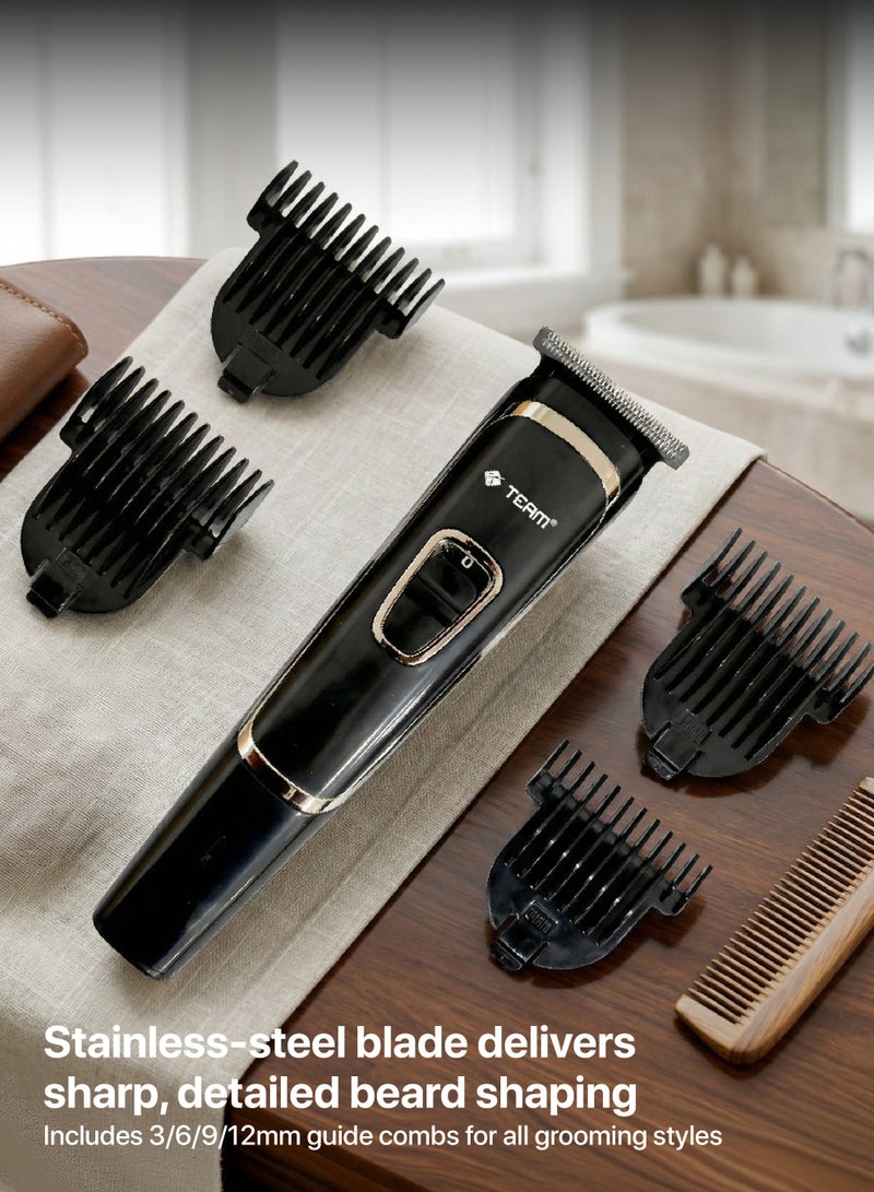 Team Rechargeable Hair & Beard Trimmer for Men | Stainless Steel Blade | 45min Cordless Use | USB Charging Groomer | Precision Trimmer with Guide Combs (3/6/9/12mm) | High‑Performance Rechargeable Battery - Image 3